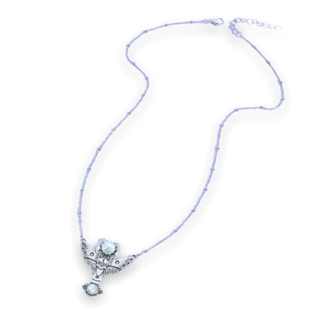 New Stainless Steel Butterfly Skull Rainbow Gemstone Pendant Necklace - Picture 5 of 11